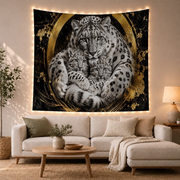 Three Leopards Embracing in Gold Splatter on Black Background, Dramatic Abstract Art for Animal Lovers, Wildlife Wall Decor, Housewarming Gift, Tapestry Wall Hanging for Bedroom and Living Room