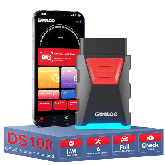 GOOLOO DS100 OBD2 Scanner Bluetooth, Full System Car Diagnostic Tool for iOS & Android, Check Engine Code Reader, 6 Maintenance Functions, Battery Test, HUD Display