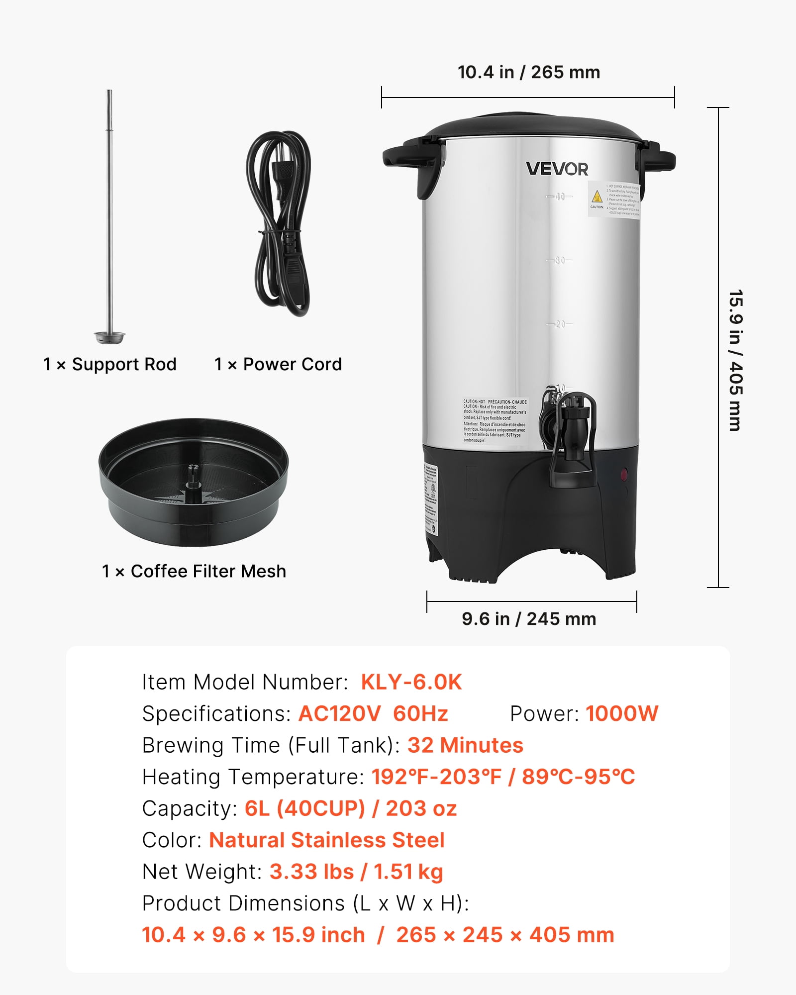 VEVOR Commercial Coffee Urn, 40 Cup 6 L Hot Beverage Dispenser with Dripless Faucet, Quick-Brewing Commercial Coffee Maker, with Stainless Steel Liner, for Catering, Business, Church & Restaurant