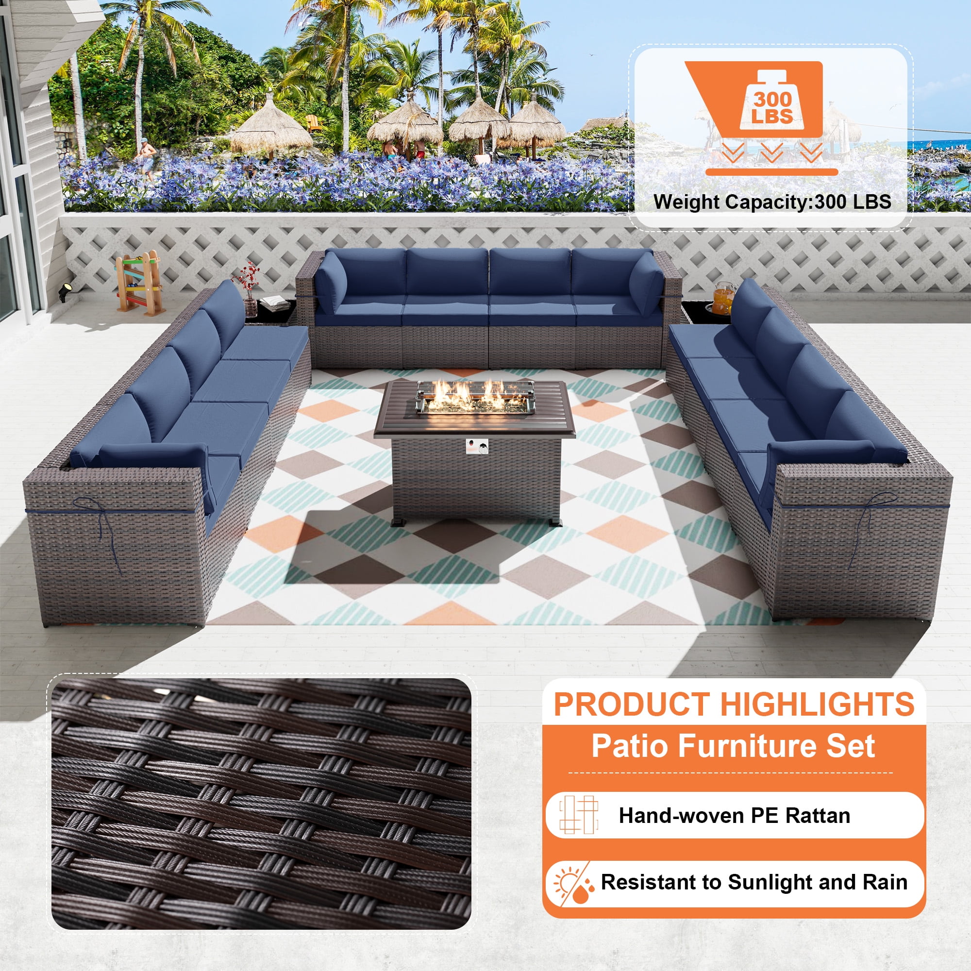 ALAULM 15 Piece Outdoor Patio Furniture Sectional Sofa with Gas Fire Pit Table and 55,000 BTU Firepit, Navy Blue/Brown