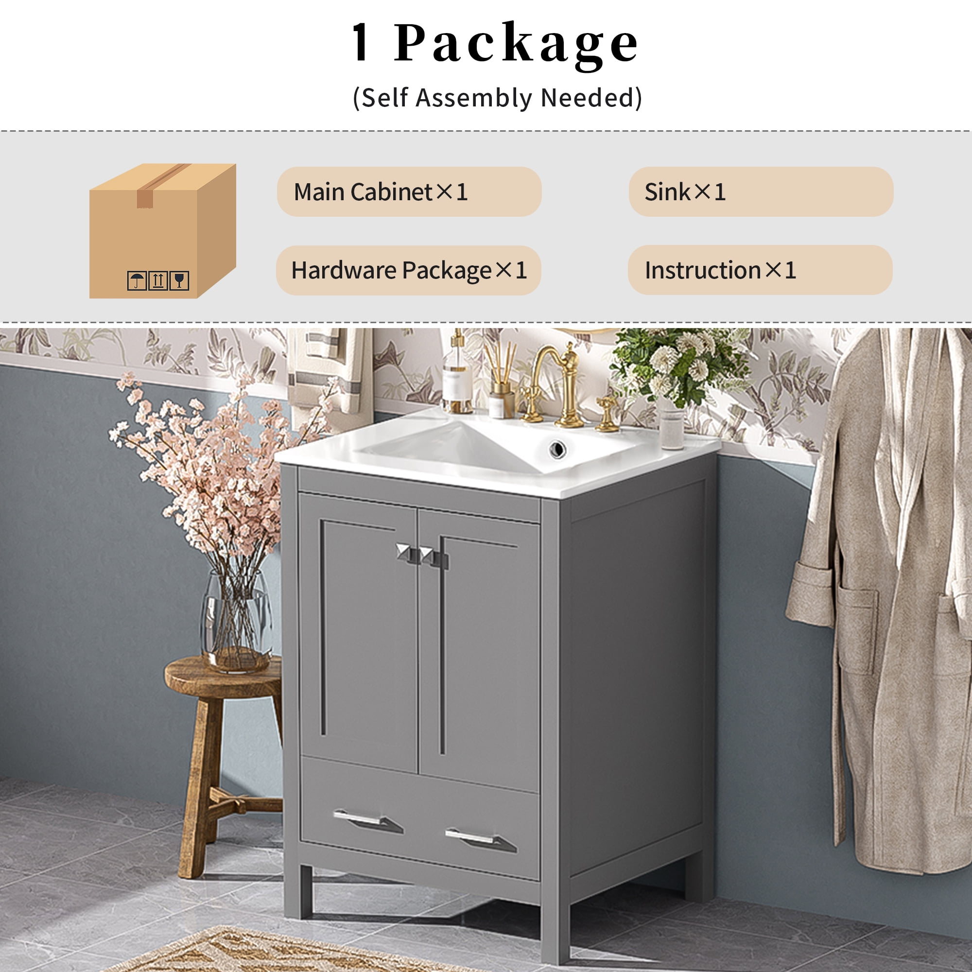 MAYEERTY 24" Bathroom Vanity - Undermount Basin, 2-Door 1-Drawer Cabinet, Double-Layer Door Shelf