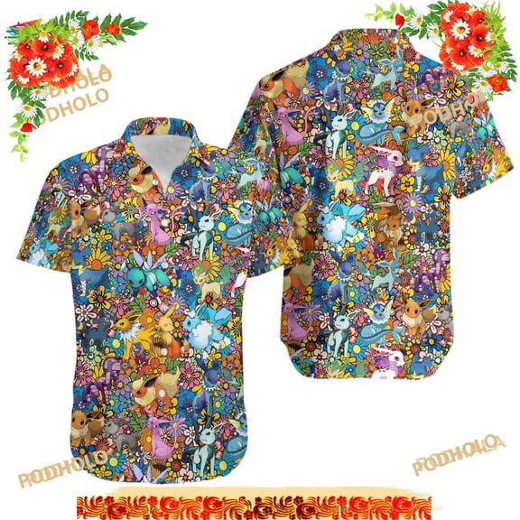 Eevee Evolution Hawaiian Shirt, 3d Pkm Button Up Shirt, Movies Aloha Shirt