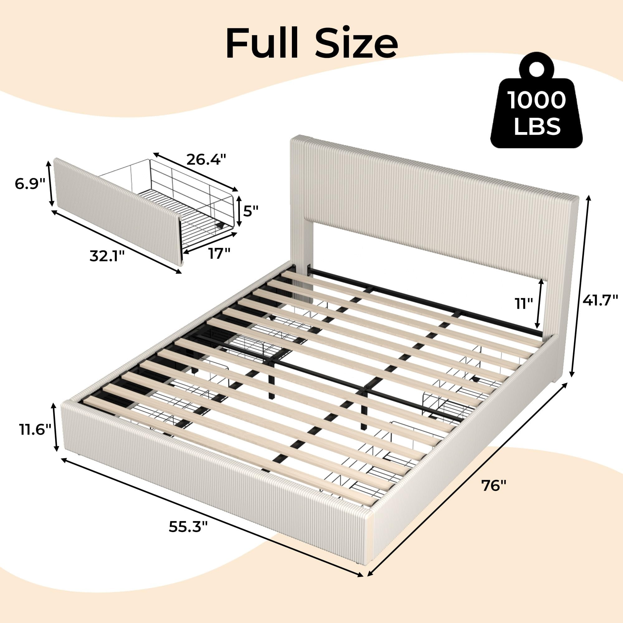 Huisuilinss Queen Size Bed,Full Size Upholstered Platform Bed Frame With Tufted Wingback Headboard,King Bed Frame With 4 Storage Drawers And Wooden Slats Support,No Box Spring Needed