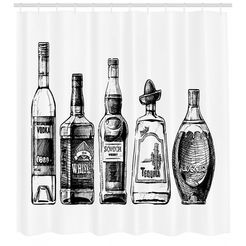 Alcohol Shower Curtain, Ink Drawing Style Bottles of Strong Alcohol
