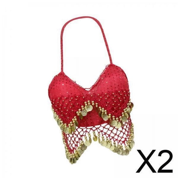 2xTop Corto De Lentejuelas Traje De Danza Del Vientre Sujetador Tops Para Actuación En Discoteca Adulto Rojo