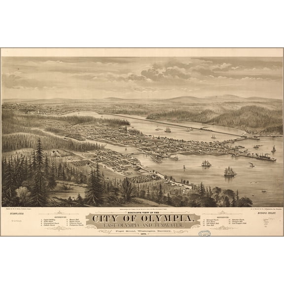 24"x36" Gallery Poster, birdseye view map of Olympia, Puget Sound, Washington Territory, 1879