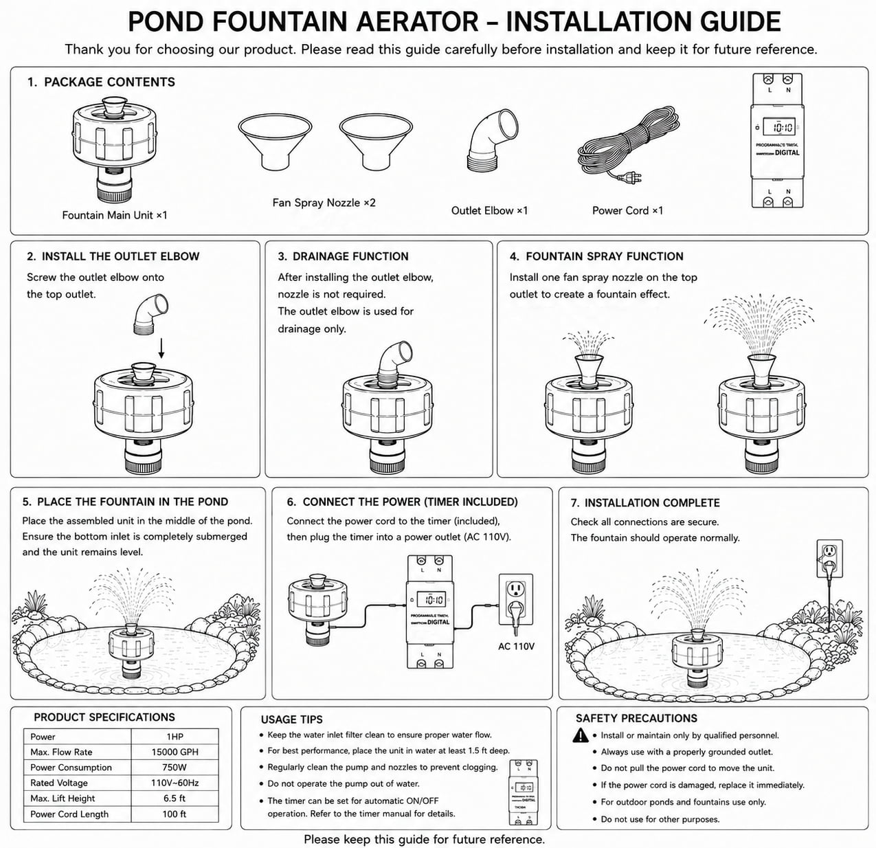 FOUR E's Scientific Pond Fountain Aerator, 1HP 15000GPH Floating Fountain Pump with 100ft Power Cord for Outdoor Ponds, 110V 750W