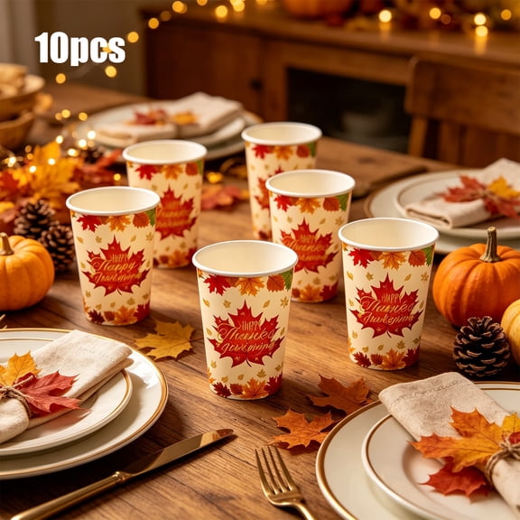 10 Pcs Thanksgiving Disposable Paper Cups, Pumpkin Maple Leaf Printed Fall Table Drinkware for Holiday Dinner Party Gathering Festive Table Decor