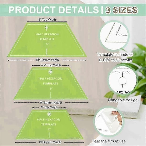 2026 3 Pcs Half Hexagon Quilting Template Acrylic Quilting Template Ruler 8 9 10 Inch Quilt Rulers for Quilting and Sewing-Good