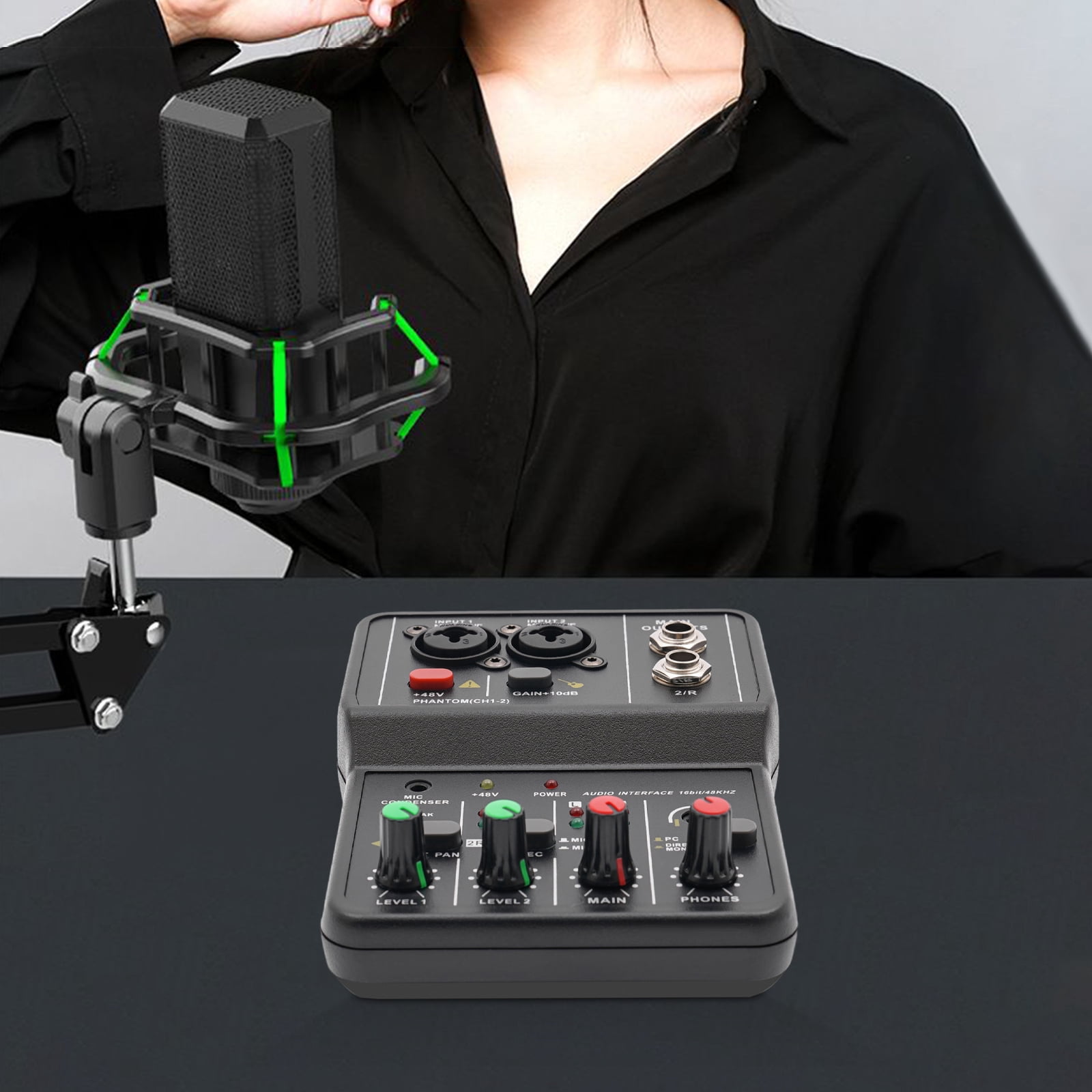 Compact 2-Channel Audio Mixer, 48V Phantom Power, Clear Indicators, Anti-Slip Pads for Smooth Operation in Studio and Events
