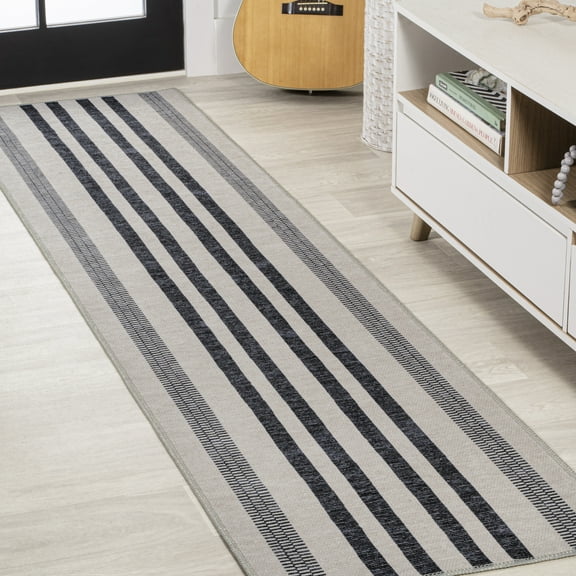 JONATHAN Y WASHABLE 2 x 8 Runner Rug, Vichy Geometric Striped - Ivory/Dark Gray, WSH122B-28