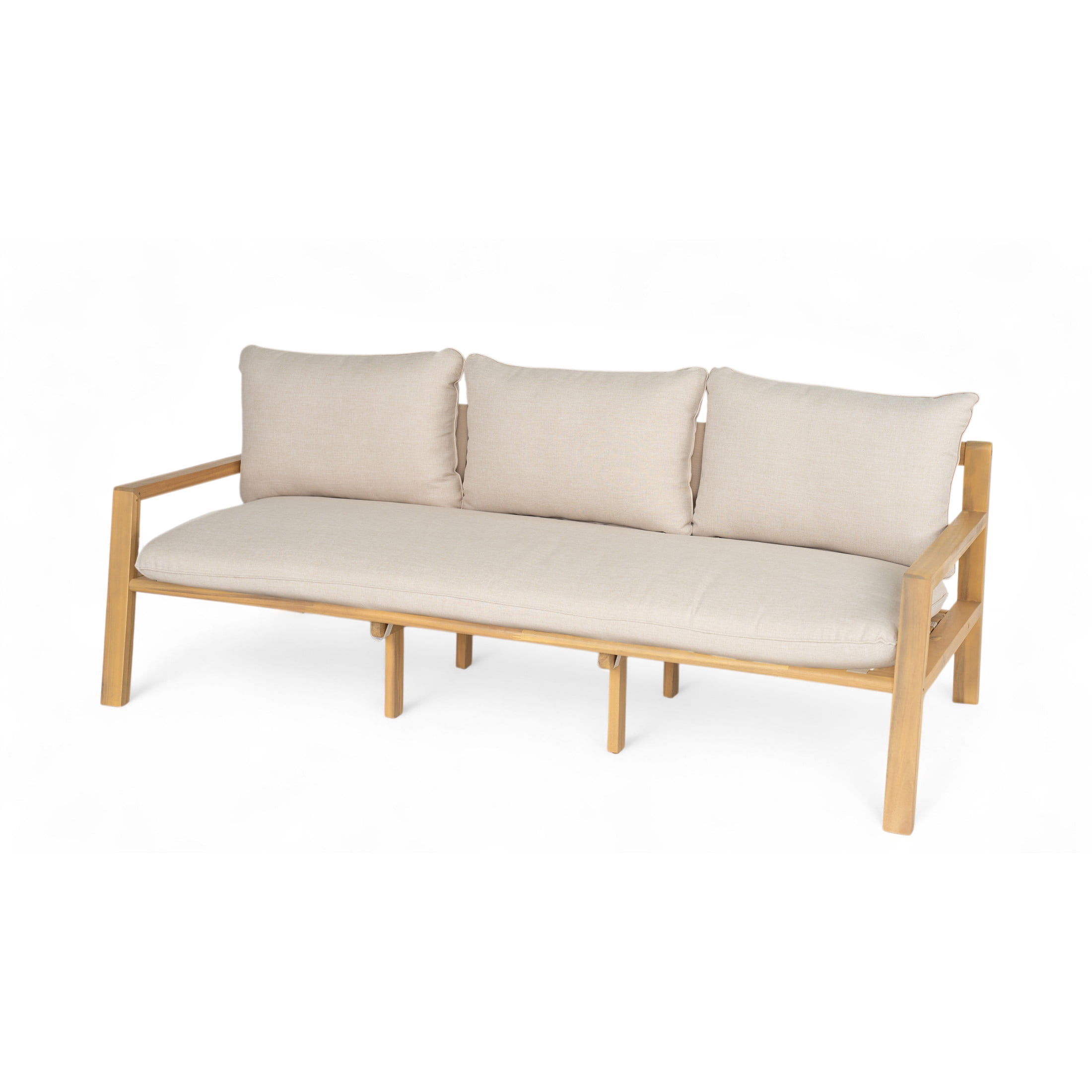 Christopher Knight Home 3-Seat Patio Outdoor Sofa with Cushions, Woven Strap Back, Acacia Wood Frame, Light Teak+Beige