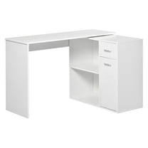 SAZYY White L-Shaped Computer Desk with Rotating Shelves and Drawer, Modern Corner Home Office Workstation, Space Saving Writing Study Table
