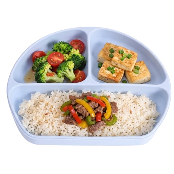 Suction Silicone Divided Plate, BPA Free 2 Compartment Baby Feeding Plate with Dishwasher and Microwave Safe Design, Blue or Ivory