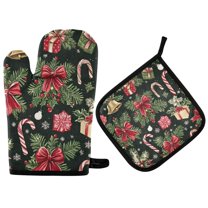 Yayeee Oven Mitts and Pot Holder Set of 4 Heat Resistant Kitchen Gloves Baking Hot Pad, Black Christmas Holly