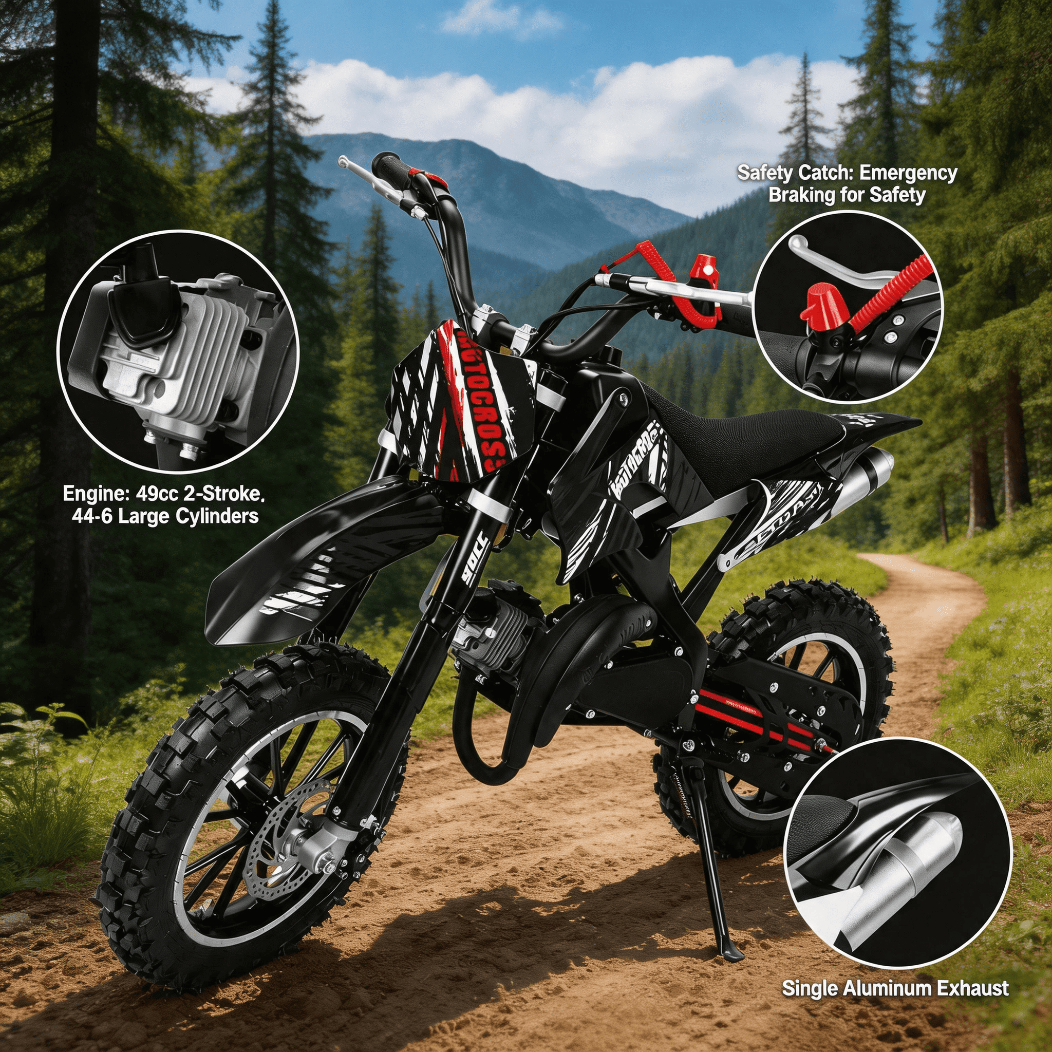 Ktoebyco 49cc Kids Mini Dirt Bike, 2-Stroke Gas-Powered Motorcycle, 1.5L Fuel Capacity, Black