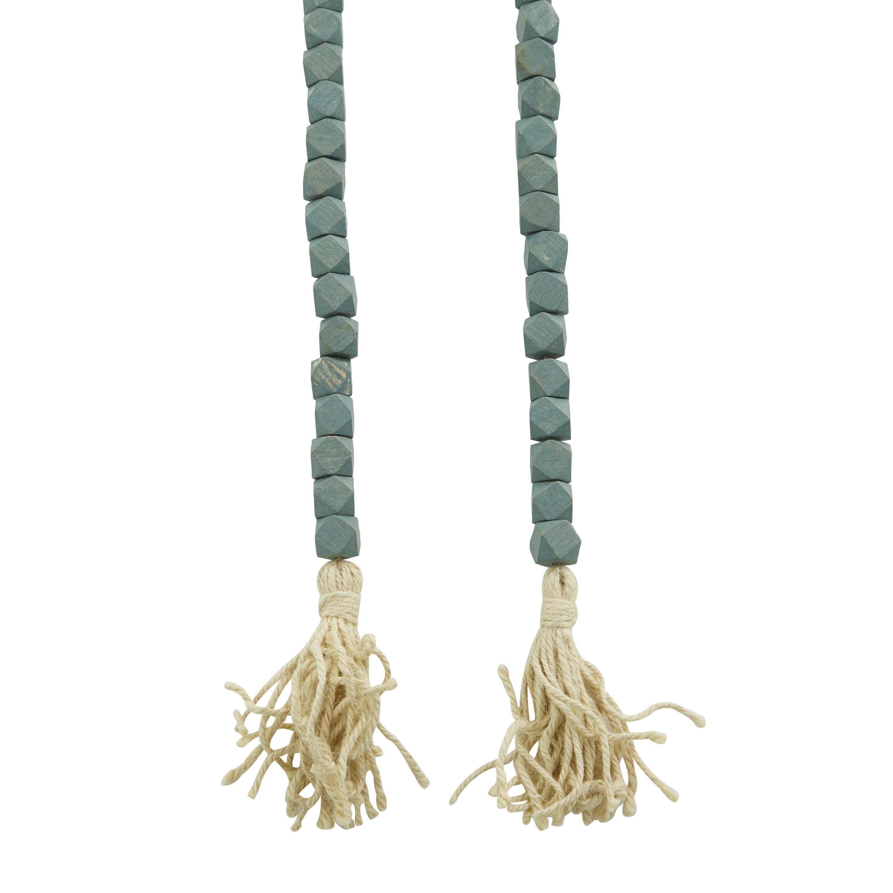 DecMode Blue Wood Bohemian Garland Décor with Geometric Bead Details and Cream Cotton Tassel, 80"L
