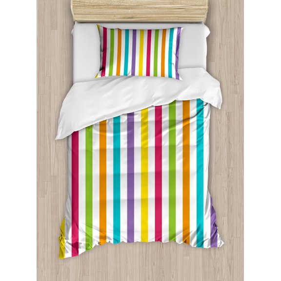 Rainbow Duvet Cover Set Twin Size, Minimalist Line Art with Different Vibrant Colors Design Modern Abstract Pattern, Decorative 2 Piece Bedding Set with 1 Pillow Sham, Multicolor, by Ambesonne