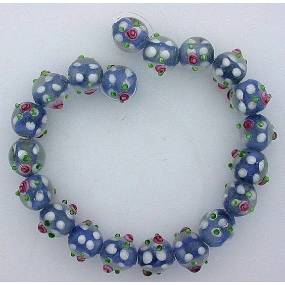 TWENTY 11mm Round Blue White Green Pink Flower Bead Glass Lampwork Strand gb84