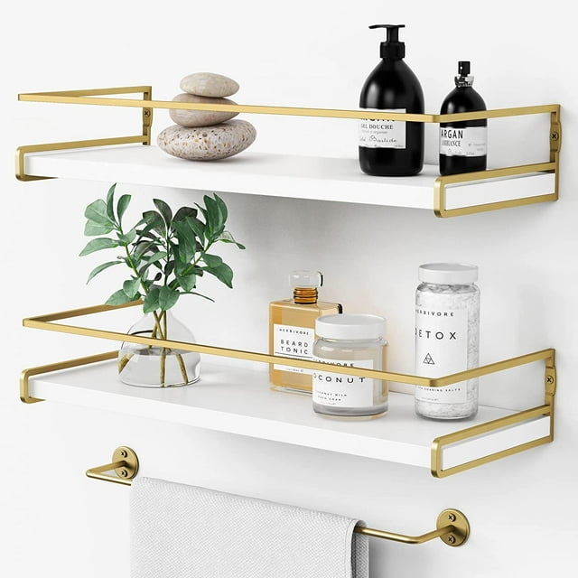 Forbena White Floating Shelves for Bathroom Organizer Over Toilet, Bathroom Shelves Wall Mounted with Towel Rack, Small Corner Wall Shelf for Bedroom Decor Kitchen Storage (White-Grey Set of 2)