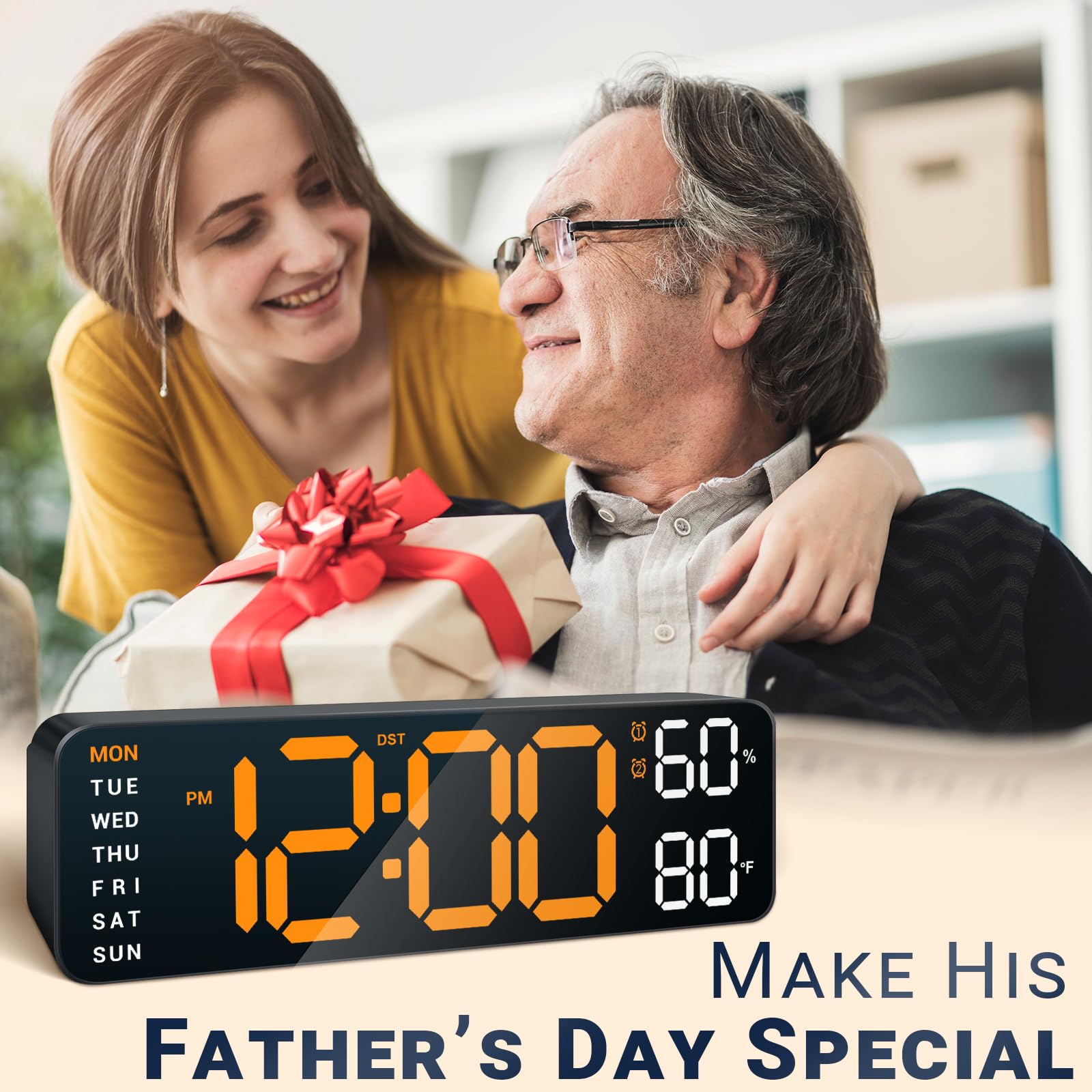 10" Digital Wall Mount Clock: Dual Alarm Wall Mount Clock with Big Led and Functions for Living Room Bedroom Office Desk Decor - Housewarming Gifts Home Wall Decor, Orange