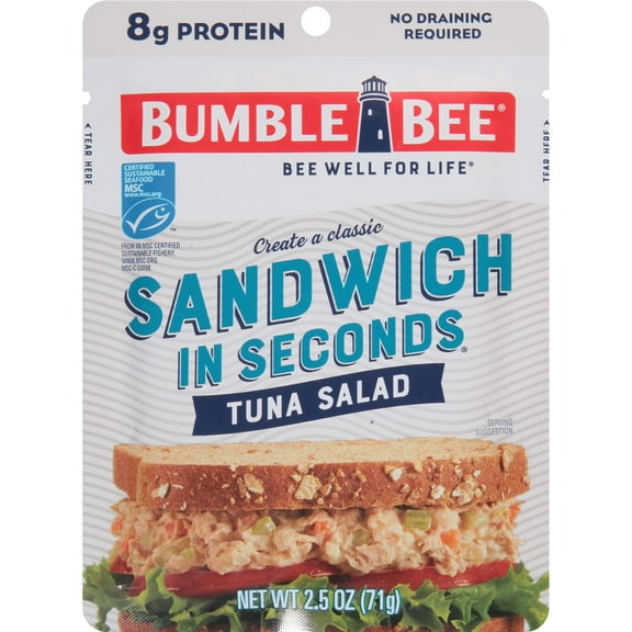 Bumble Bee Tuna Salad Sandwich in Seconds, Wild Caught, Gluten Free, 8g Protein per Serving, Ready to Eat, Shelf-Stable Pouch, 2.5 oz