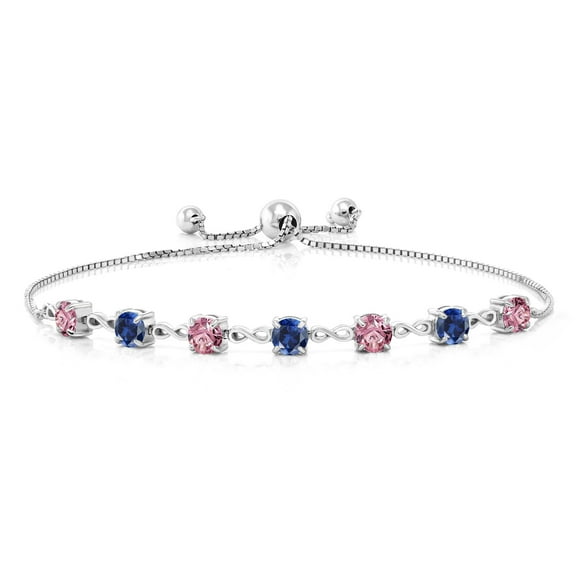 Gem Stone King 925 Sterling Silver Pink Lab Grown Diamond and Blue Created Sapphire Infinity Links Bracelet for Women (2.49 Cttw, Round 4.5MM, Fully Adjustable up to 9 inch)