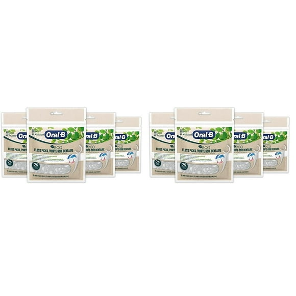 Oral-B eco Sustainable Dental Floss Picks, Mint, 75 Picks (Pack of 8)