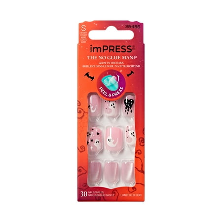 KISS imPRESS Halloween Press On Nails, ‘Cheeky’, Pink, Short Squoval, 30 Count