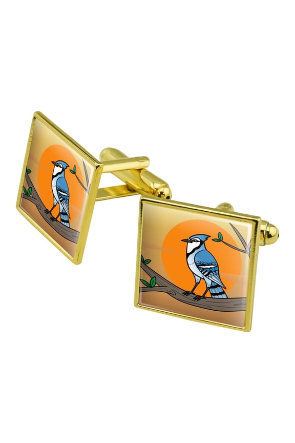 Blue Jay Bird on Branch Square Cufflink Set - Silver or Gold