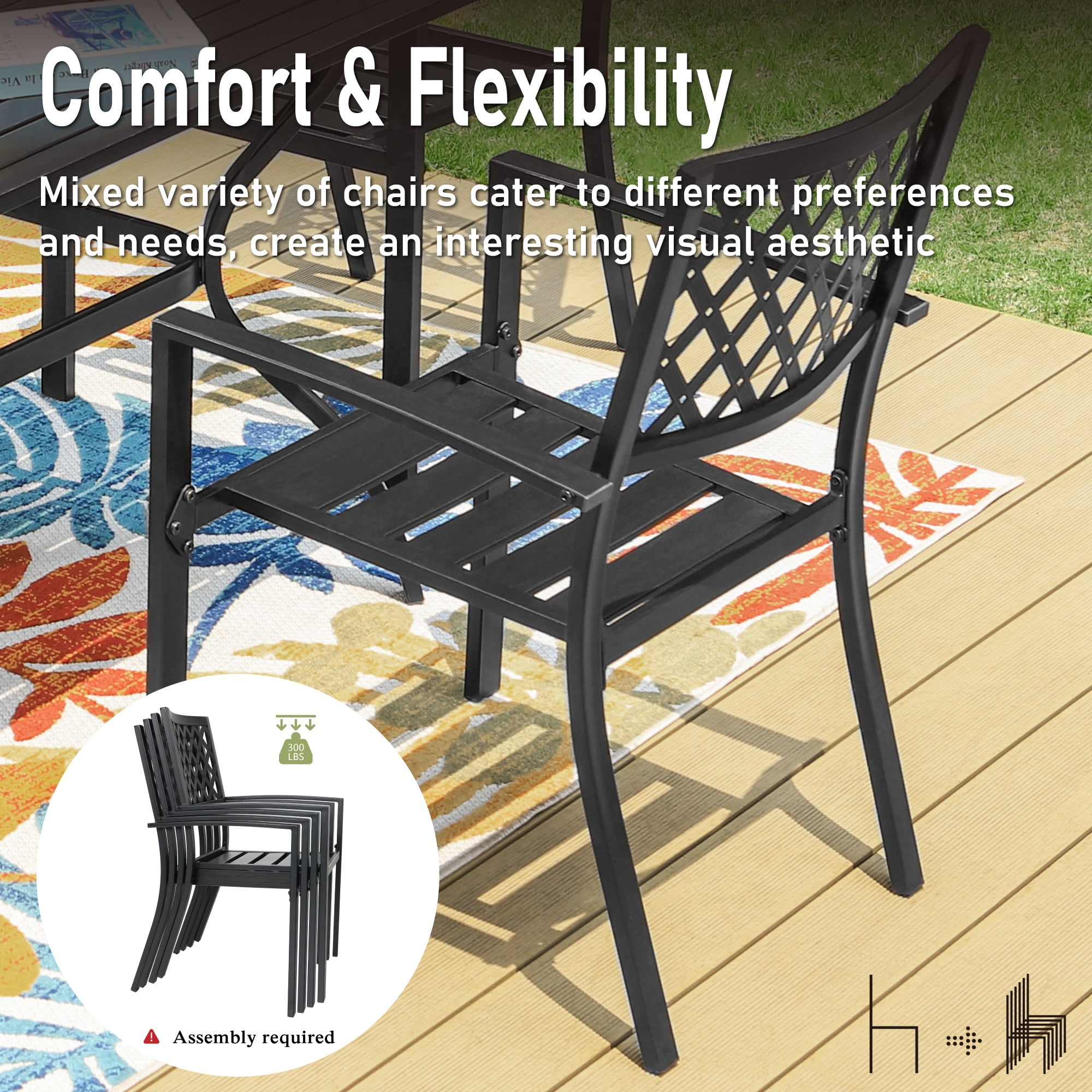 MF Studio 7-Piece Outdoor Patio Dining Set with Stackable Chairs & 6-Person Table, Modern Metal Steel Patio Furniture, Black