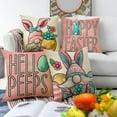 thumbnail image 2 of Happy Easter Bunny Gnome Decorative Throw Pillow Covers 18 x 18 Set of 4, Hello Peeps Eggs Rabbit Cushion Case Decor, Pink Spring Home Decoration for Sofa Couch, 2 of 5