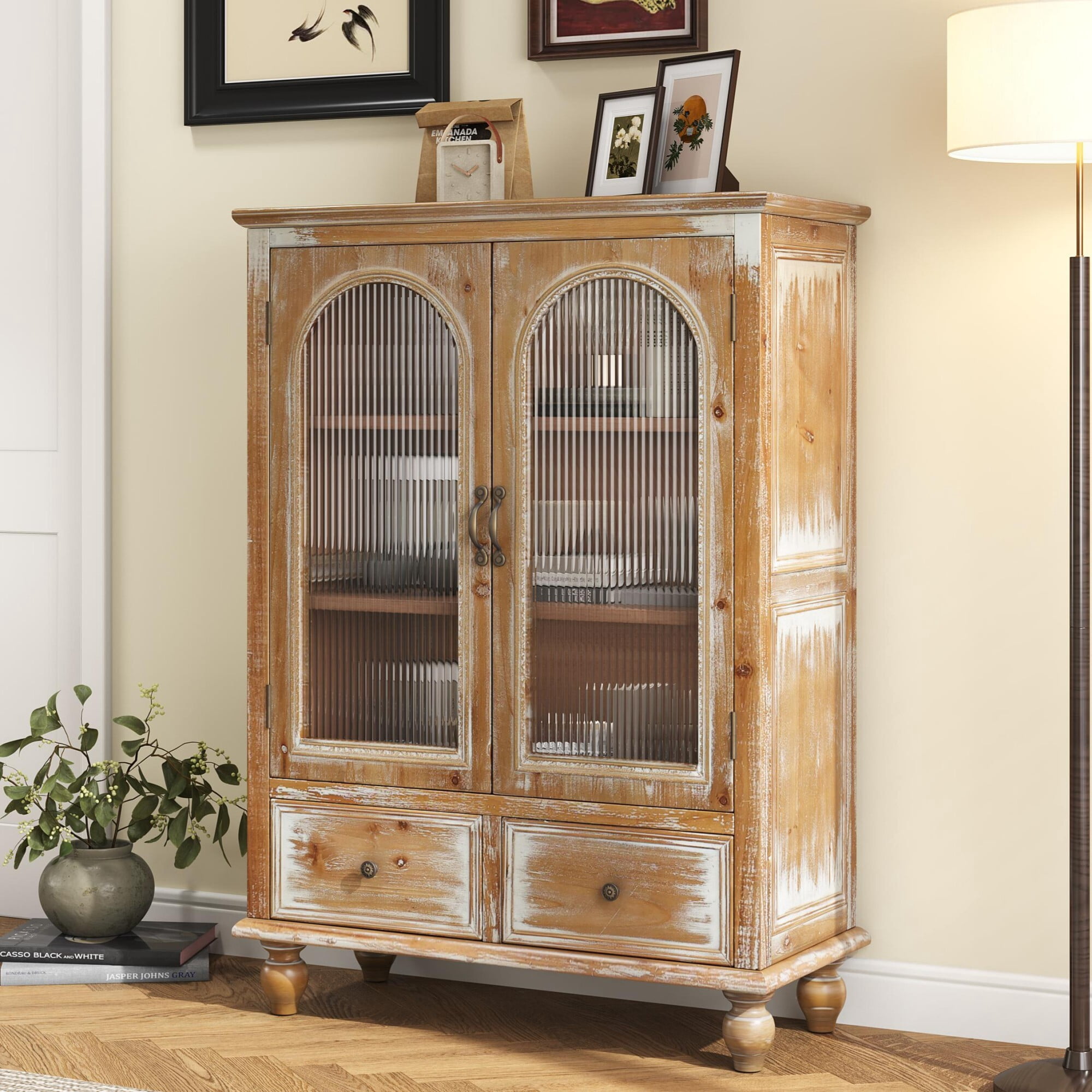 AENKYO 48" Farmhouse Storage Cabinet, Wood Kitchen Pantry with Arched Fluted Glass Doors & 2 Drawers, Natural
