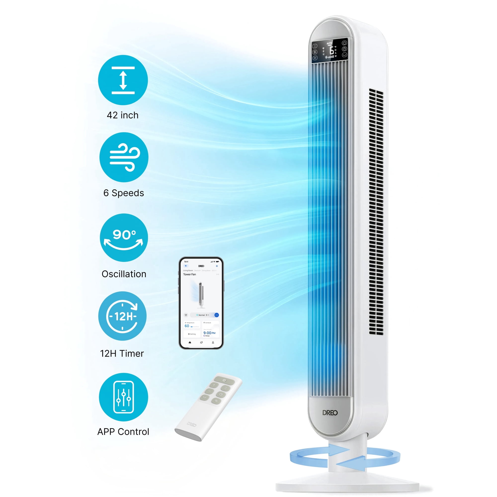 DREO 42" SmartTower Fan for Home, Standing Bladeless Fan with WiFi Voice Control, 90° Oscillating Fan with LED, 12H Timer, 6 Speeds 4 Modes, 25ft/s High Velocity, Ultra Quiet Bedroom Fan, white