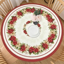 Christmas Round Fitted Tablecloth with Elastic for 48-52 Inch Tables Winter Floral Leaves Print Fitted Table Cover Waterproof Holiday Theme Farmhouse Indoor Outdoor Patio Picnic Party Decor