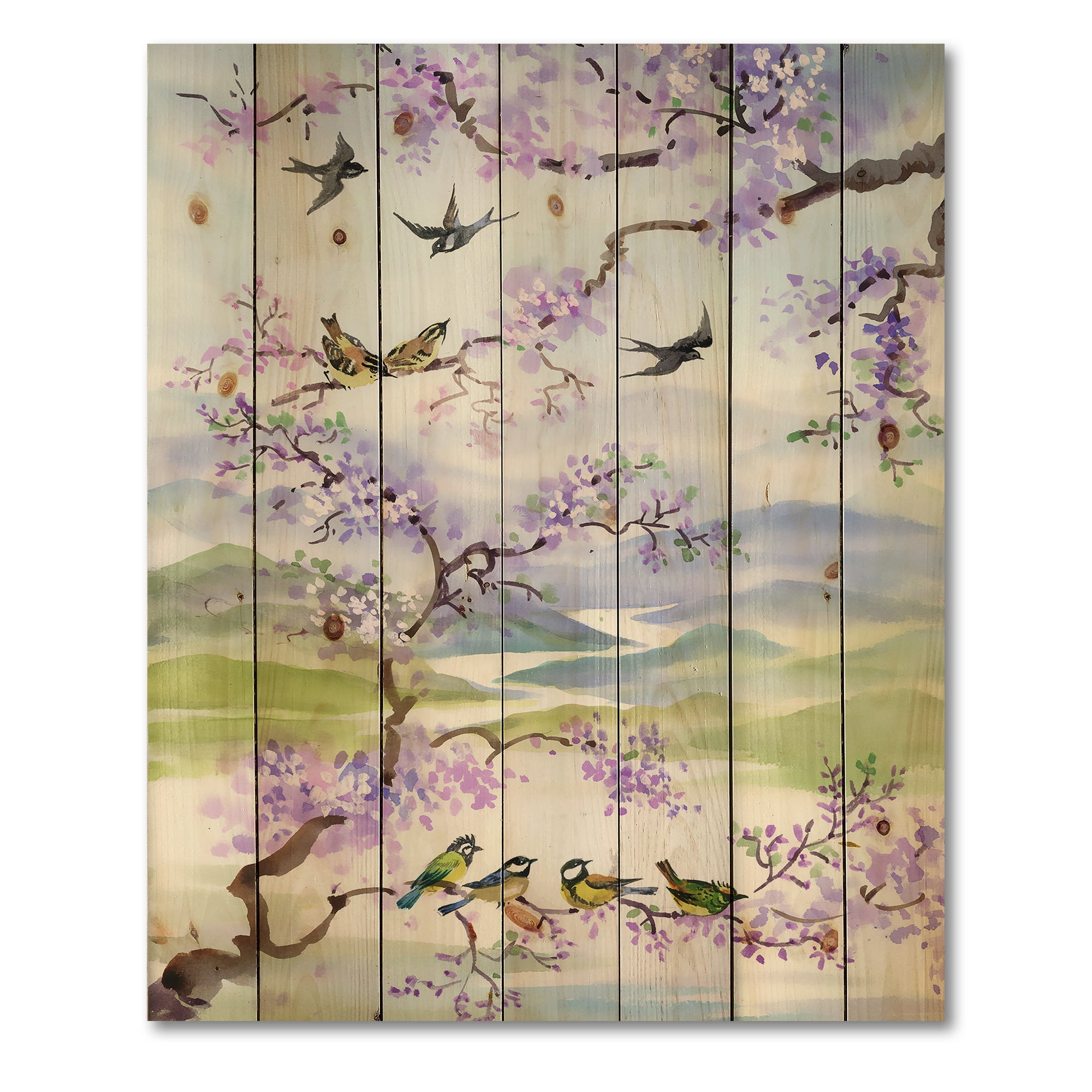 Designart 'Birds Sitting On Cherry Branch' Traditional Print on Natural Pine Wood