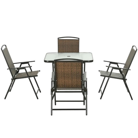 Resenkos 5 Pieces Patio Table and Chairs, Umbrella Hole, PE Rattan, Dark Brown