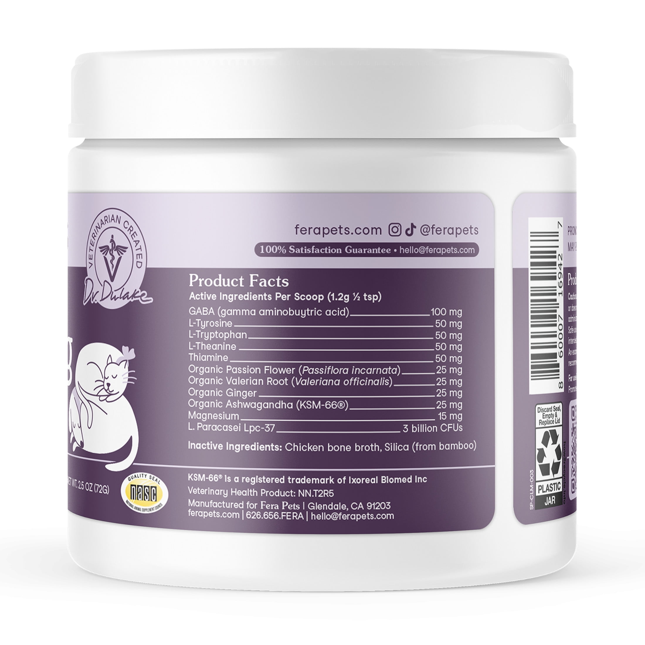 Fera Pets Cat & Dog Calming Powder - With Ashwagandha & L-Theanine - Promotes Stress Relief - 60 Scoops
