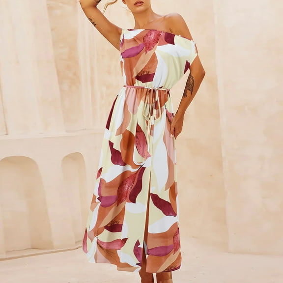 EESK 2025 Spring and Summer-New Elegant Slim Temperament Printed Skirt One-shoulder Slit Belt Dress