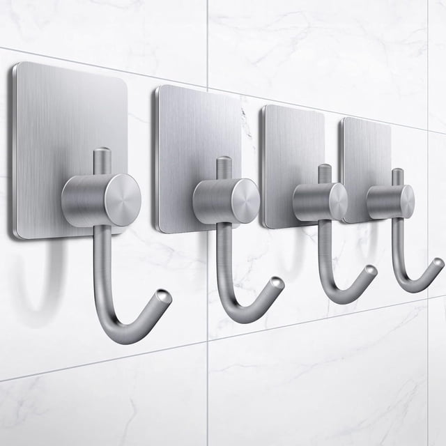 Nvzi Gancho adhesivo de acero inoxidable 304 sin agujeros de 4 piezas, gancho de acero inoxidable, gancho de baño de cocina, gancho de baño, gancho de toalla (plata, gancho de punta larga)