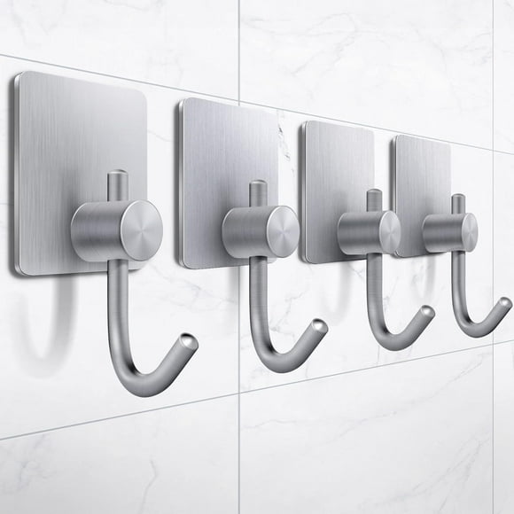 Nvzi 304 acero inoxidable sin agujeros 4 juegos de ganchos pegajosos, ganchos de cocina y baño, ganchos de abrigo, ganchos de toalla (plata, ganchos de punta larga)