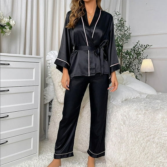 Women’s Pajamas Ladies Summer Thin Silk Ice Silk Satin Long Sleeved Home Pajamas Women Fall Pajamas Women Cute Pajama Sets for Women Matching Pajama Set for Women