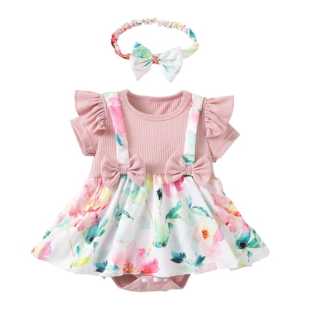 Likimi Newborn Girls Romper Short Sleeve Floral Prints Crew Neck Summer Fashionable Soft Bodysuits With Headbands Pink Size 18-24 Months