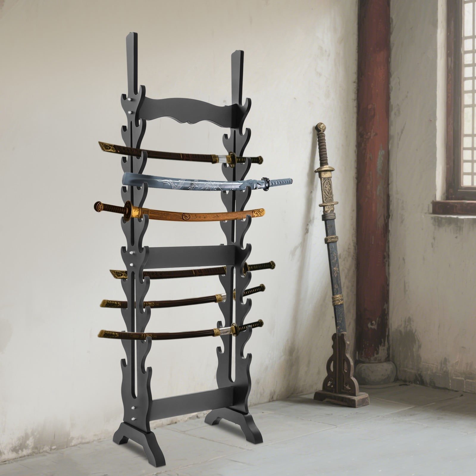 Double-Sided Sword Stand, 20-Layer Floor Standing Katana Sword Display Rack, Black, 66lbs Capacity, for Home Dojo Weapon Storage & Decor