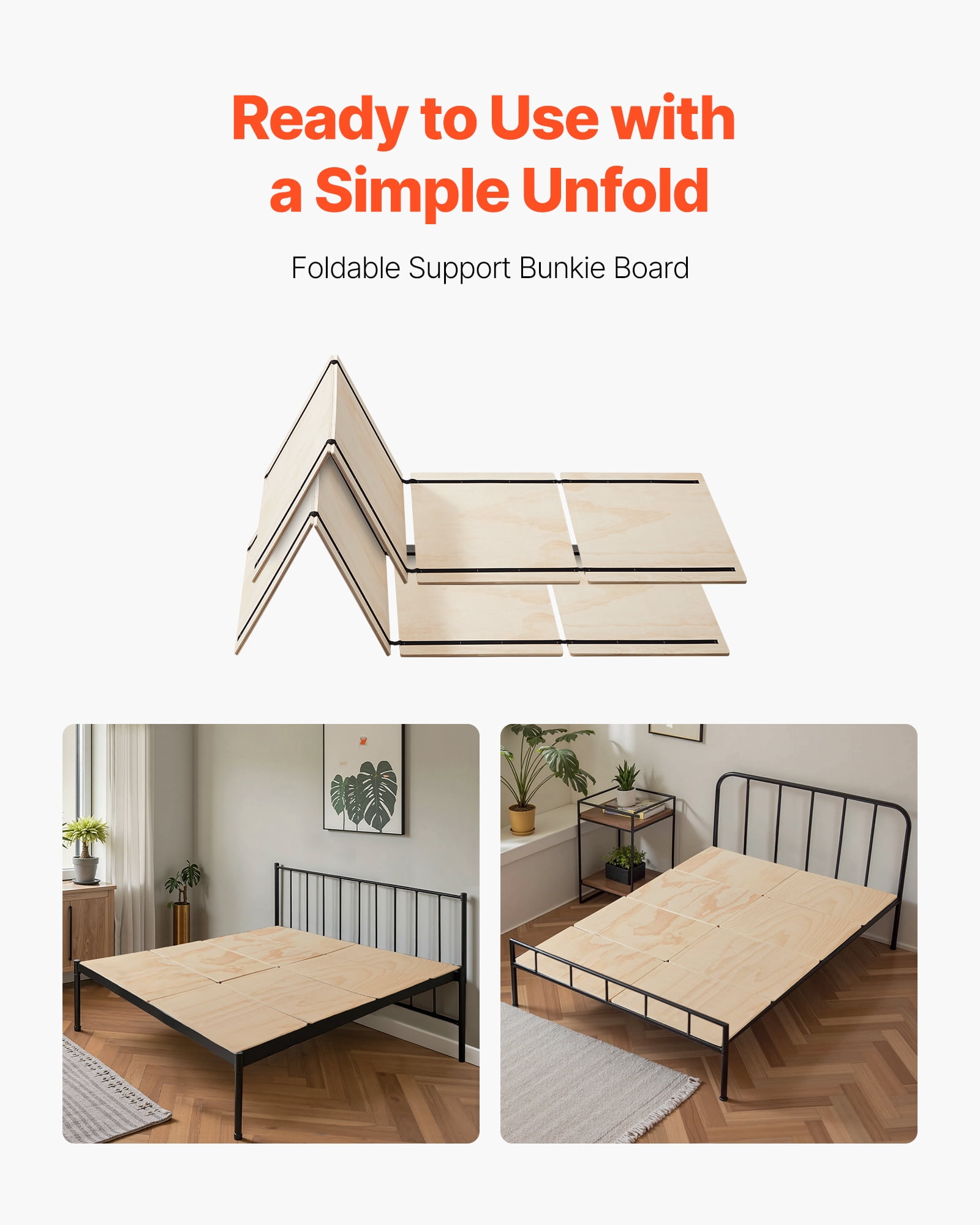 VEVOR Full Size Bunkie Board, 0.4 in Foldable Bed Board Slats with Connection, Wooden Mattress Support for Full Size Bed, Support under Mattress Boards, Ready to Use, 8 Piece, Burlywood
