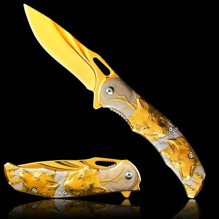 Pocket Knife for Men Folding Knife With Clip & 3D TITANIUM PLATED WOLF Relief Embossed Edc Knife For Men Outdoor Survival Camping Hiking hunting (Gold)