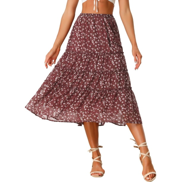 Falda Floral de Chiffon para Mujer Inspire Chic, A-line, Larga, con Volantes en Capas, Boho, Verano, Midi, Talla XL, Marrón
