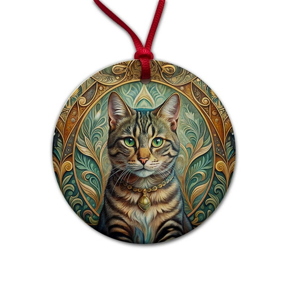 Tabby Cat Art Nouveau Christmas Tree Holiday Round Ceramic Ornament