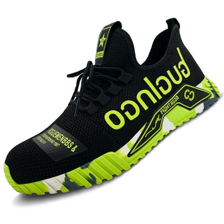 

Men‘s Knit Lette Print Breathable Anti-skid Steel Toe Work Shoes Wear-resistant Puncture Proof Lace Up Work Safety Shoes