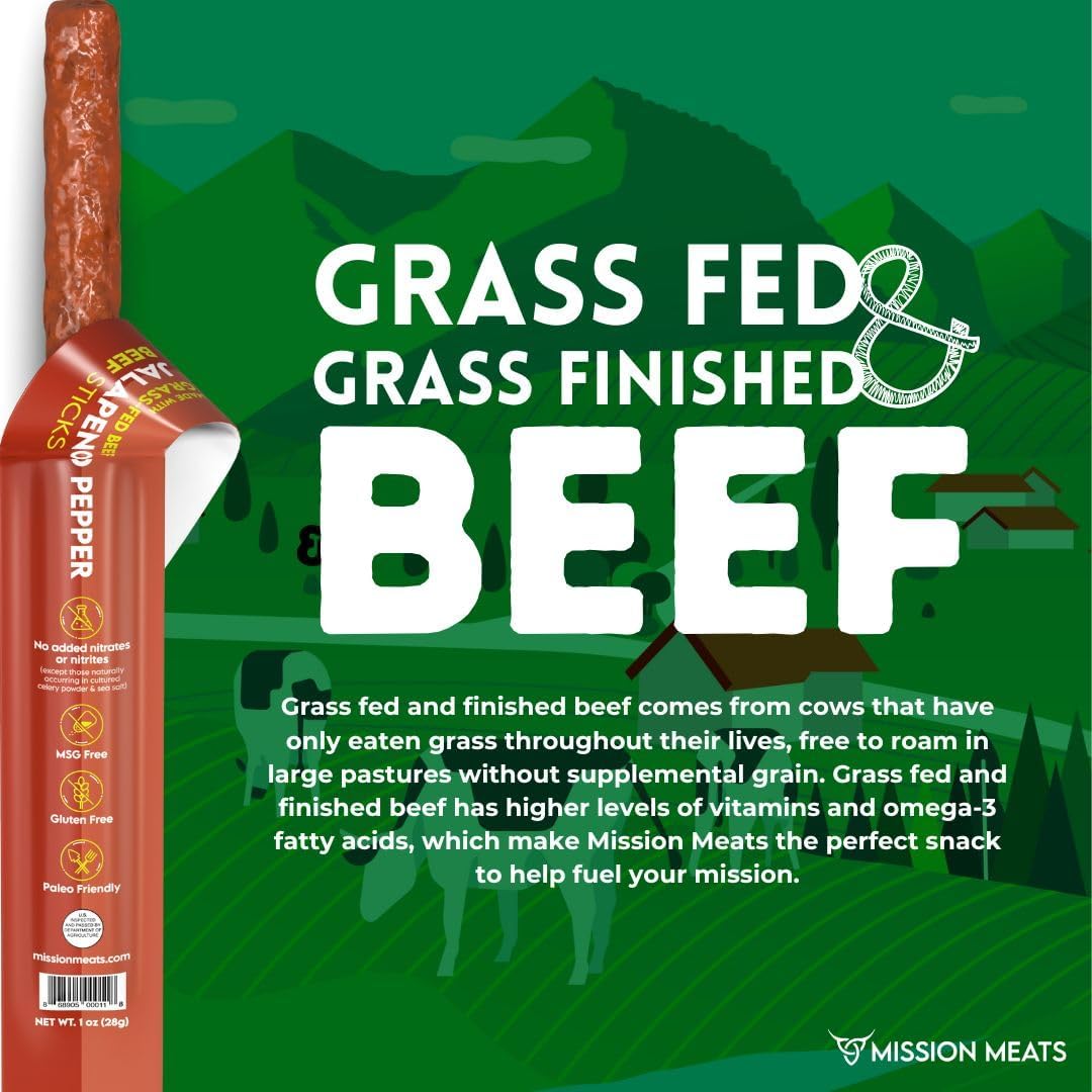 Mission Meats Beef Sticks – 100% Grass Fed & Pasture Raised, Sugar Free, Individually Wrapped Healthy Snacks, Whole 30 & Paleo Friendly, Jalapeno 1oz (Pack of 24)